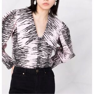 GANNI stripe long sleeve V neck collared button down pink black size 40 US 8